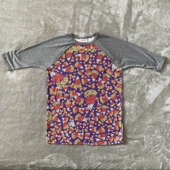 LuLaRoe Scribbled Candy Corn Graphic Baseball Style 3/4 T-shirt Size 10 - Picture 1 of 5